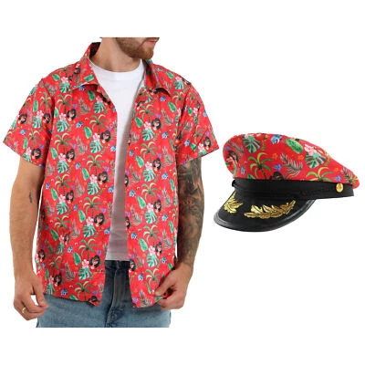 CAMISA DE DISFRAZ DE CAPITÁN HAWAIANO ROJO 2 PIEZAS Y SOMBRERO VERANO VESTIDO ELEGANTE BARBACOA FIESTA Foto 1 de 4