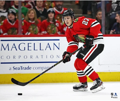 Adam Boqvist Chicago Blackhawks Unsigned Red Jersey Photograph Cover
