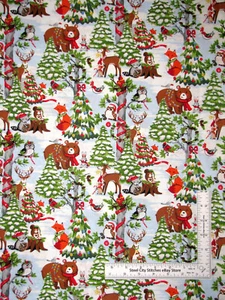 Christmas Fabric Deer Bear Fox Owl Woodland Animals Trees Cotton Traditions Yard - Picture 1 of 2