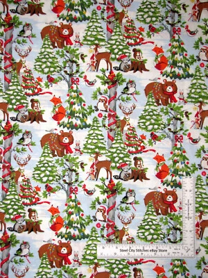 Christmas Fabric Deer Bear Fox Owl Woodland Animals Trees Cotton Traditions Yard - Image 1 of 2