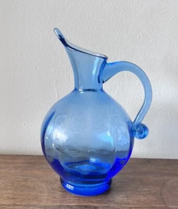Pitcher Blue Hand Blown Optic Glass Applied Handle MCM 8” - Picture 1 of 7