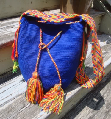 Woven Bucket Shoulderbag Handbag Fringe Blue Multi Boho Hobo Hippie Large Purse - Image 1 of 4
