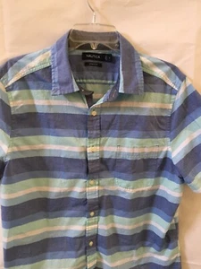  NAUTICA Size Large Blue Stripe Button Down Shirt Stretch Cotton SS - Imagen 1 de 5