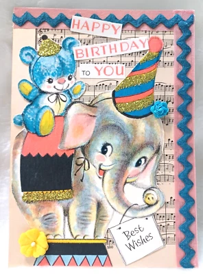 Tarjeta de cumpleaños adornada vintage artesanal de calidad ¡ÚNICA EN SU CLASE! Circus Elephant 5x7  Foto 1 de 4