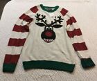 UGLY Christmas Sweater Womens Large Red Green Stripe Rudolph Reindeer Lights Up
