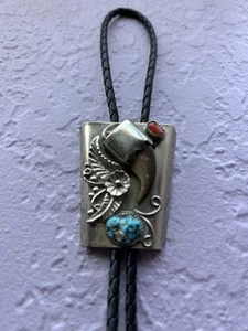 BOLO TIE Vintage TURQUOISE/corral Sterling Silver Navajo - Picture 1 of 4