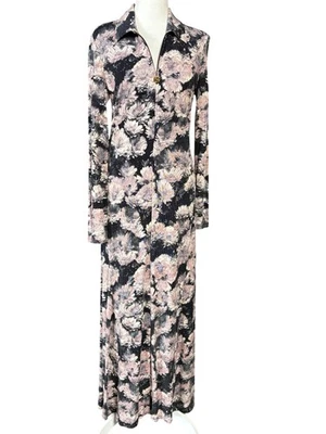 Vestido Tory Burch Maxi Feminino 8 Preto Rosa Floral Manga Longa Gola Zíper Frontal - Imagem 1 de 4