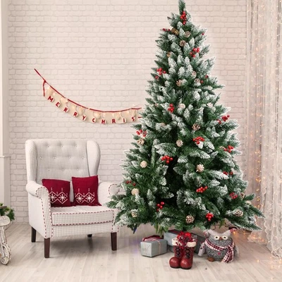 Árbol de Navidad tupido con copos de nieve con soporte de metal estable piñas bayas rojas Foto 1 de 4