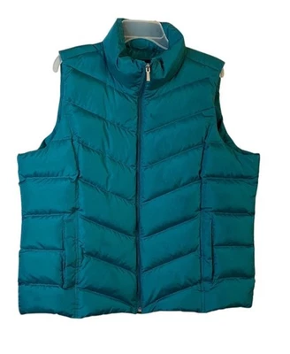 Lands End Women's Teal Puffer Vest 1X Chevron Quilted Down Fill Zip Front - Image 1 of 4