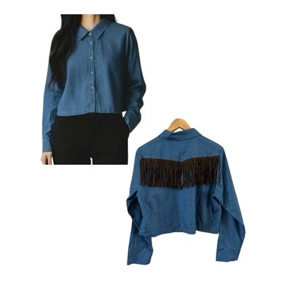 Camisa 19 Cooper Chambray Denim Flecos Recortados Damas Talla Grande Azul Marrón Foto 1 de 4