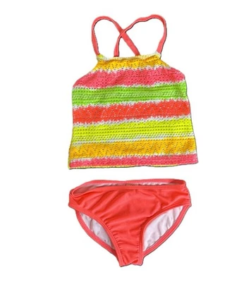 OP Girl's 2-Piece Crochet Top Cross-Back Pink Striped Bikini, Size XS (4-5) - Image 1 of 3