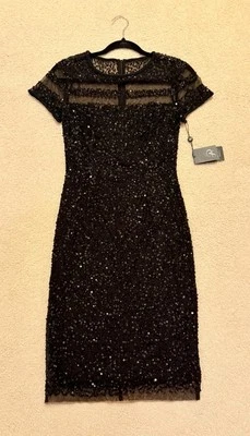 Adrianna Papell Women Black Beaded Short Sleeve Lace Tulle Cocktail Dress Size 0 - Image 1 of 4