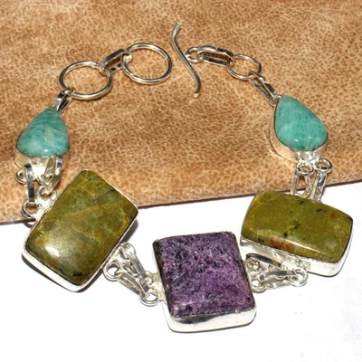 Demanding Amazonite Purpurite Green Opal 925 Silver Plated Bracelet 9" GW - Image 1 of 3