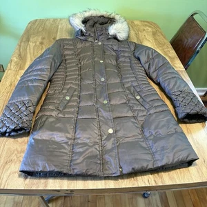 Betsey Johnson Faux Fur Trim Quilted Brown Puffer Jacket Womens Size Medium - Picture 1 of 15