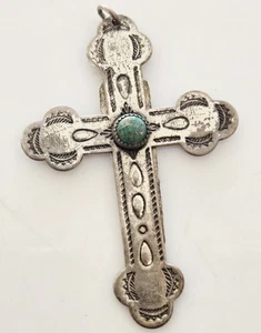 Vintage Old Pawn TURQUOISE NAVAJO BELL STERLING Handmade Cross Pendant - Picture 1 of 4