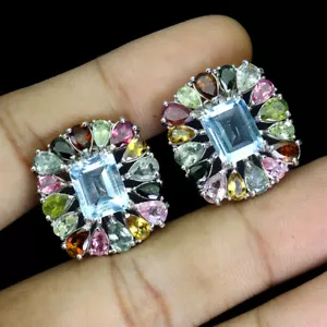 Orecchini In Argento Sterling 925 Ottagono Topazio Blu Cielo Gemma Tourmaline - Foto 1 di 11