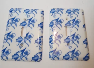 Set of 2 Blue & White 5" Floral Single Switch Light Plate Cover Plastic w/screws - Picture 1 of 15