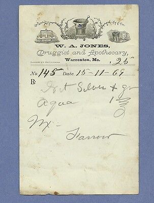 1869 WA Jones Druggist Apothecary Warrenton Missouri Prescription Receipt No 145 • 4.99$