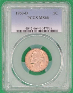 1950 D 5C Beautiful Golden Toning Jefferson Nickel PCGS MS66 - Picture 1 of 2