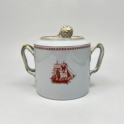 Copeland Spode Trade Winds Red Covered Sugar Bowl Sailing Ship Gold Trim - Image 1 of 4