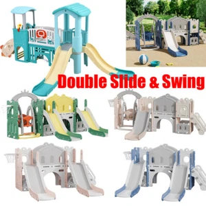 Kids Toddler Double Slide and Swing Set Kids Castle Climber Basketball Playset - Picture 1 of 197