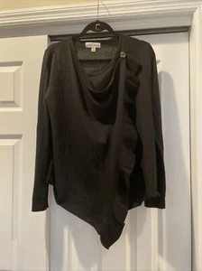 Knox Rose Cardigan Sweater Black Asymmetrical Ruffle Trim Long Sleeves Sz M - Picture 1 of 4