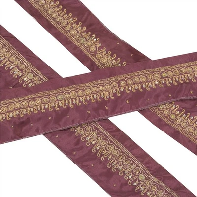 Sanskriti Vintage 1 Yarda Sari Borde Cuentas a Mano Zardozi Artesanal Borde Encaje Púrpura Foto 1 de 4