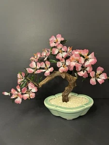 Vintage Table Jade Glass Bonsai Tree Flower Asian Cherry Blossom Magnolia - Picture 1 of 16