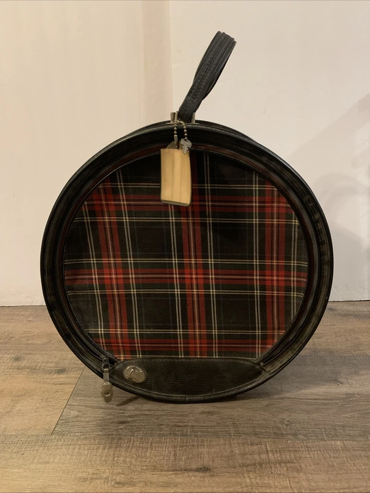 Vintage Atlantic Wig Hat Box Luggage Red Plaid Gray Satin Interior Lock W Key - Image 1 of 4