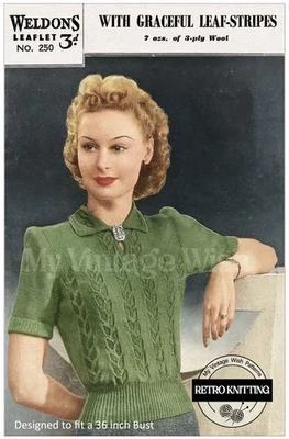 1940's Ladies Pretty Polo Style Sweater Vintage Knitting Pattern Bust 36 - Image 1 of 2