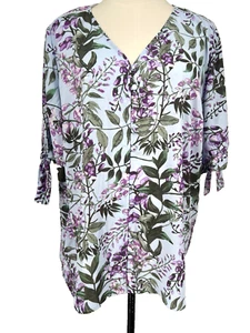 Investments Woman Shirt Women's Plus 1X Blue Floral Button Top Bow Sleeves NWT - Picture 1 of 12