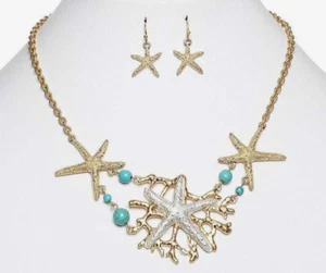 Starfish Coral Reef Ocean Beach Turquoise Bead Necklace & Earrings Set NWT - Picture 1 of 6