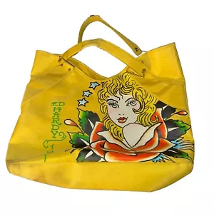 Vintage Ed Hardy Womens Vinyl Tote Bag Women & Roses Graphic Yellow 5371 - Picture 1 of 3