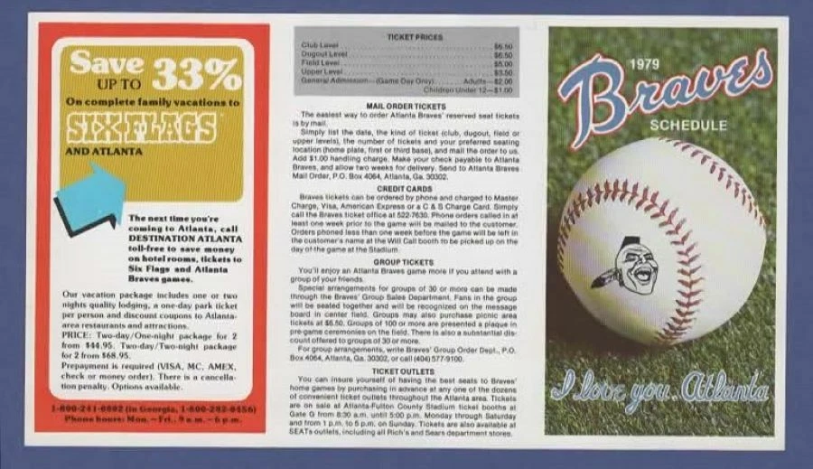 MLB BASEBALL 1979 ATLANTA BRAVES  pocket schedule SIX FLAGS - Image 1 of 1