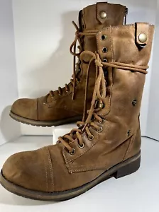 Madden Girl 9M Brown Combat Boots Destinn Faux Fur Lined Lace Up Zip Back 1” - Picture 1 of 9