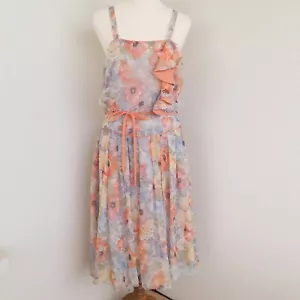 Vintage 70s Susan Peters Floral Chiffon Dress Orange Sleeveless Size 10-12 - Picture 1 of 5