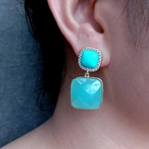 Cz Pave Gold Plated Blue Turquoise Crystal Square Dangle Stud Earrings - Picture 1 of 6