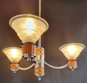 1930'S ART DECO CHANDELIER - BUTTERSCOTCH BAKELITE & CHROME METAL CEILING LIGHT - Picture 1 of 24