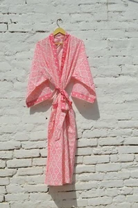 Indian 100%Cotton Kimono Robes Hand Block print Women Dressing Gown Summer 2k24 - Picture 1 of 4