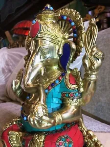 Ganesh grande statua ottone pietre intarsiate scultura tempio divinità orientale 31 cm 8 kg - Foto 1 di 12