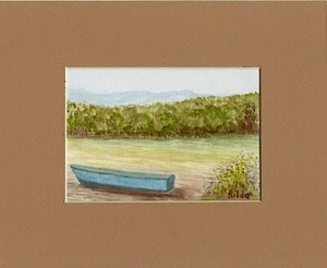 2006 BLUE BOAT Sth AU Original watercolour Painting mangroves river hills trees  - Picture 1 of 1