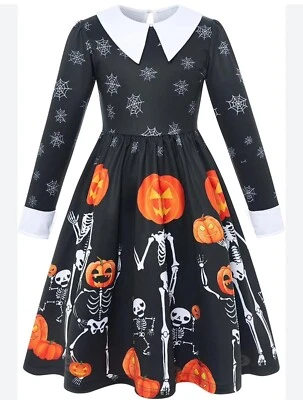 Nuevo Vestido de Halloween ALLIFly Niñas Manga Larga Cuello Peter Pan Esqueleto Talla 10 Foto 1 de 4