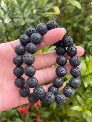 Grade A+ Large Black Lava Rock Crystal Bead Bracelet Volcanic Lava Bracelet 2Pcs - Image 1 of 4