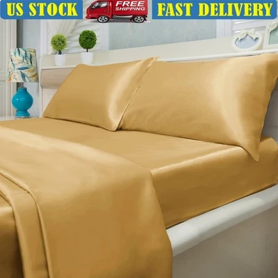 Ultra Soft Satin Bed Sheet Set 4-Piece Hypoallergenic Deep Pocket Easy Care New - Image 1 of 3