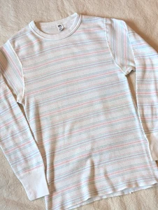 Hanes Vintage 70s White Waffle Knit Thermal Long Sleeve Striped Womens Large USA - Picture 1 of 8