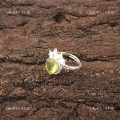 Natural Peridot Boho Solitaire Halloween Wife Ring Jewelry 925 Sterling Silver - Image 1 of 4
