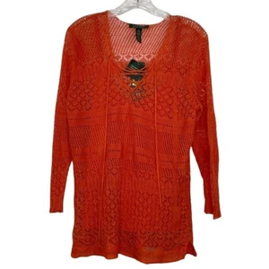 Lauren Ralph Lauren Women's orange open knit crochet blouse size Large  - Picture 1 of 12