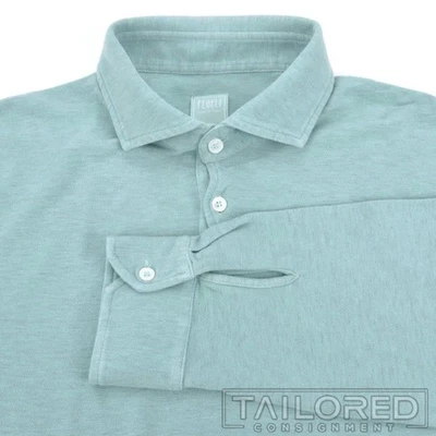 FEDELI Solid Green 100% Cotton Long Sleeve Casual Polo Dress Shirt EU 54 / LARGE - Image 1 of 4