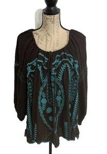 Urban Mango Tunic Top Women’s XL Brown Boho Embroidered Crochet Insets Festival - Picture 1 of 9