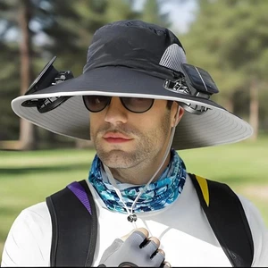 Outdoor Wide Brim Sun Hat with 2 Solar Fan UV Protection Hiking Camping Fishing - Picture 1 of 18